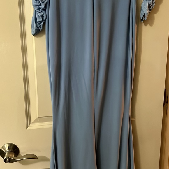CLUB LONDON PRETTY PERFECT POWDER BLUE MATERNITY RUCHED MESH BARDOT MAXI DRESS - Picture 13 of 16